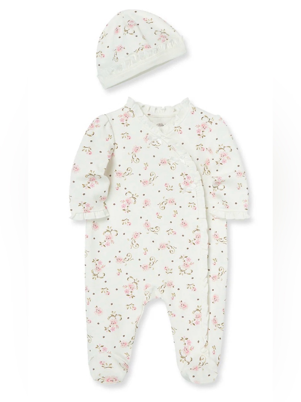 Little Me Floral Footed One-Piece with Matching Hat - White & Pink